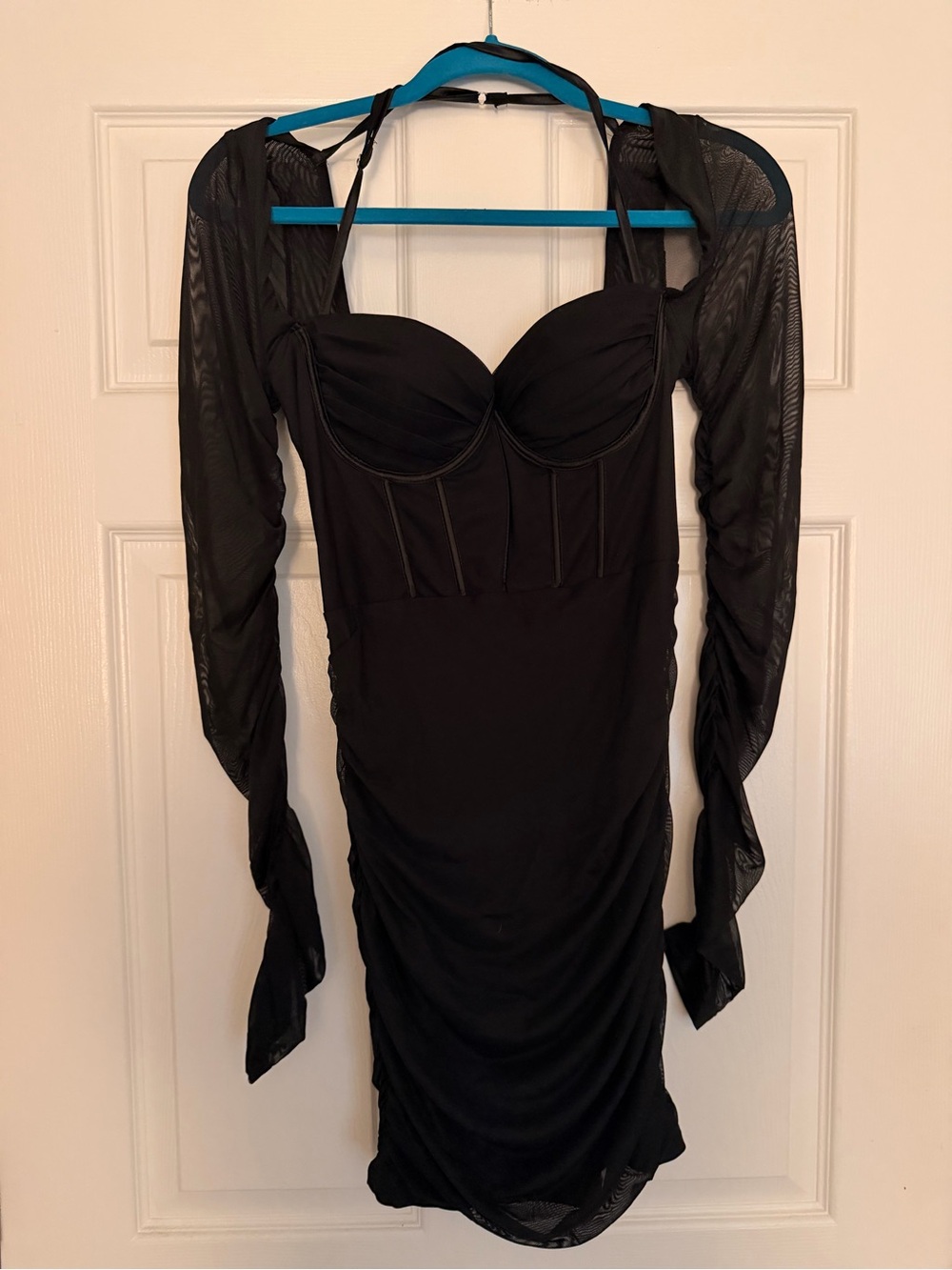 Black Mesh Sleeve Ruched Bodycon Dress